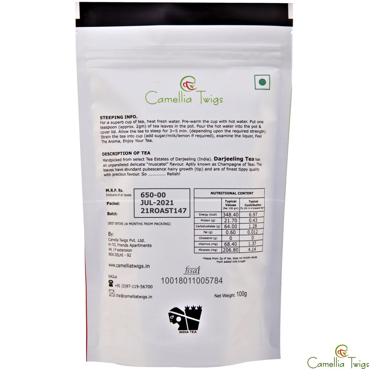 Camellia Twigs Muscatel Darjeeling Black Tea, 100gm Pouch